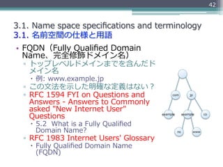 42


3.1.  Name  space  speciﬁcations  and  terminology
3.1.  名前空間の仕様と⽤用語
•  FQDN（Fully  Qualiﬁed  Domain  
   Name、完全修飾ドメ...