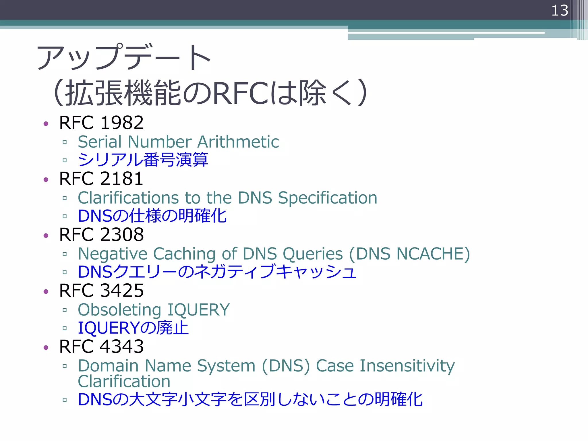 アップデート
（拡張機能のRFCは除く）
• RFC 1982
▫ Serial Number Arithmetic
▫ シリアル番号演算
• RFC 2181
▫ Clarifications to the DNS Specification
▫ DNSの仕様の明確化
• RFC 2308
▫ Negative Caching of DNS Queries (DNS NCACHE)
▫ DNSクエリーのネガティブキャッシュ
• RFC 3425
▫ Obsoleting IQUERY
▫ IQUERYの廃止
• RFC 4343
▫ Domain Name System (DNS) Case Insensitivity
Clarification
▫ DNSの大文字小文字を区別しないことの明確化
13
 
