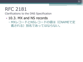 RFC 2181
Clarifications to the DNS Specification
• 10.3. MX and NS records
▫ MXレコードとNSレコードの値は（CNAMEで定
義される）別名であってはならない。
32
 