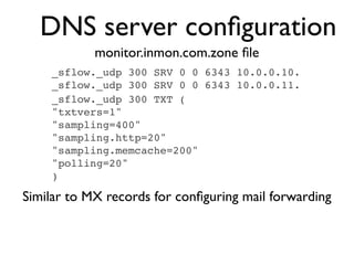 DNS server conﬁguration
            monitor.inmon.com.zone ﬁle
    _sflow._udp 300 SRV 0 0 6343 10.0.0.10.
    _sflow._udp 300 SRV 0 0 6343 10.0.0.11.
    _sflow._udp 300 TXT (
    "txtvers=1"
    "sampling=400"
    "sampling.http=20"
    "sampling.memcache=200"
    "polling=20"
    )

Similar to MX records for conﬁguring mail forwarding
 