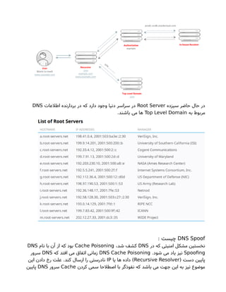 ‫سیزده‬ ‫حاضر‬ ‫حال‬ ‫در‬Root Server‫اطلعاتا‬ ‫بردارنده‬ ‫در‬ ‫که‬ ‫دارد‬ ‫وجود‬ ‫دنیا‬ ‫سراسر‬ ‫در‬DNS
‫به‬ ‫مربوط‬Top Level Domain.‫باشند‬ ‫می‬ ‫ها‬
DNS Spoof: ‫چیست‬
‫در‬ ‫که‬ ‫امنیتی‬ ‫مشکل‬ ‫نخستین‬DNS،‫شد‬ ‫کشف‬Cache Poisoning‫نام‬ ‫با‬ ‫آن‬ ‫از‬ ‫که‬ ‫بود‬DNS
Spoofng.‫شود‬ ‫می‬ ‫یاد‬ ‫نیز‬DNS Cache Poisoning‫که‬ ‫افتد‬ ‫می‬ ‫اتفاق‬ ‫زمانی‬DNS‫سرور‬
) ‫دست‬ ‫پایین‬Recursive Resolver‫یا‬ ‫ها‬ ‫داده‬ (IP‫این‬ ‫دادن‬ ‫رخ‬ ‫علت‬ .‫کند‬ ‫ارسال‬ ‫را‬ ‫نادرستی‬
‫کردن‬ ‫سمی‬ ‫اصطلحا‬ ‫با‬ ‫نفوذگر‬ ‫که‬ ‫باشد‬ ‫می‬ ‫جهت‬ ‫این‬ ‫به‬ ‫نیز‬ ‫موضوع‬Cache‫سرور‬DNS‫پایین‬
 
