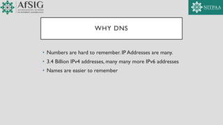 WHY DNS
• Numbers are hard to remember. IP Addresses are many.
• 3.4 Billion IPv4 addresses, many many more IPv6 addresses
• Names are easier to remember
 