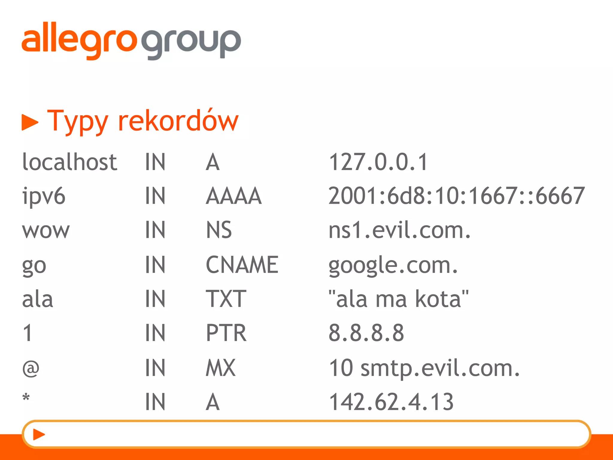 Typy rekordów
localhost IN A 127.0.0.1
ipv6 IN AAAA 2001:6d8:10:1667::6667
wow IN NS ns1.evil.com.
go IN CNAME google.com.
ala IN TXT "ala ma kota"
1 IN PTR 8.8.8.8
@ IN MX 10 smtp.evil.com.
* IN A 142.62.4.13
 