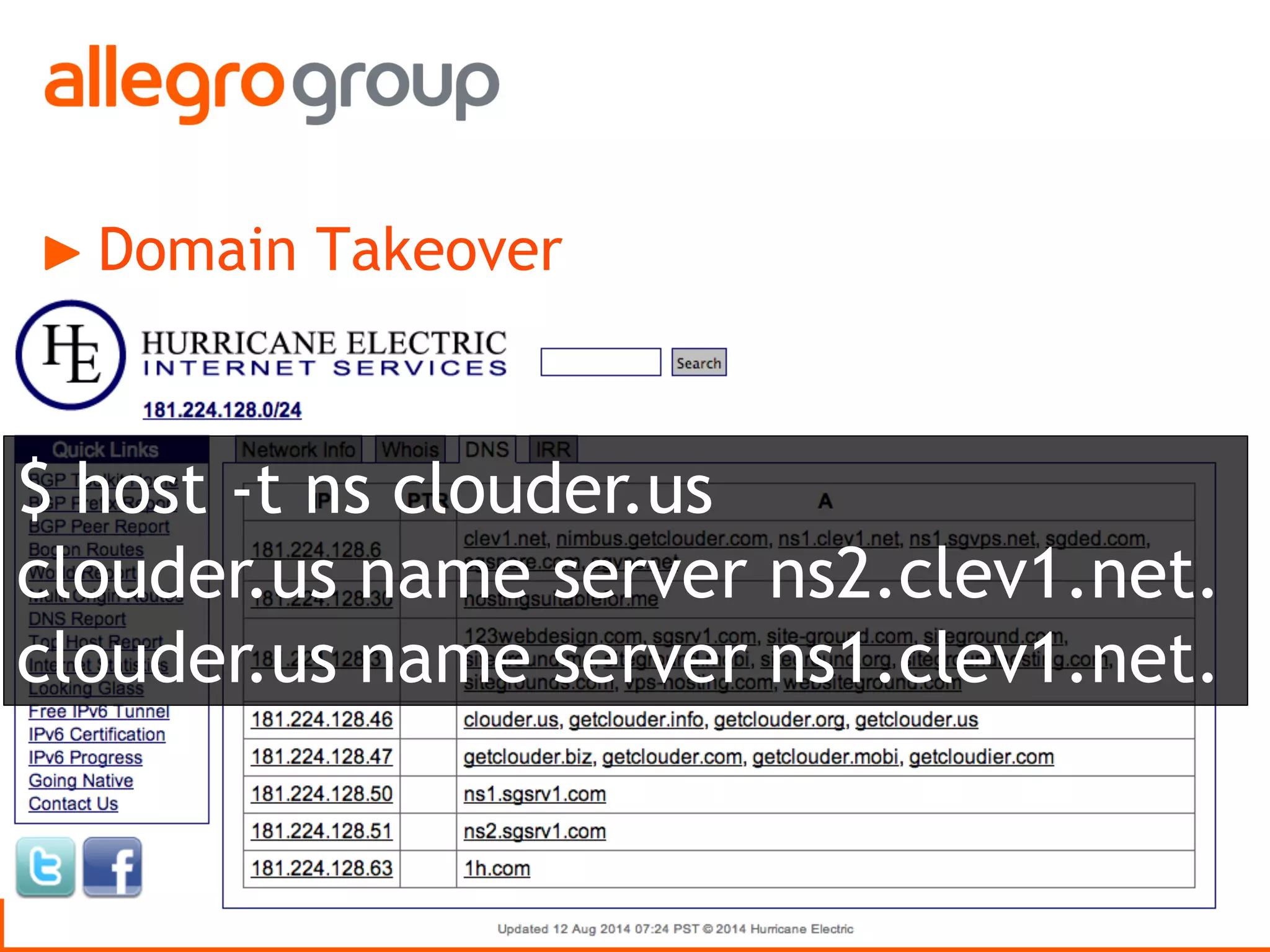 Domain Takeover
$ host -t ns clouder.us
clouder.us name server ns2.clev1.net.
clouder.us name server ns1.clev1.net.
 