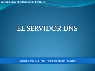 Configuración y Administración de Servidores EL SERVIDOR DNS Docente :  Ing. Esp . Alex  Fernando  Huillca   Huamán 