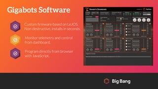 Gigabots Software
Custom ﬁrmware based on LeJOS.
Non-destructive, installs in seconds.
Monitor telemetry and control
from dashboard.
Program directly from browser
with JavaScript.
 