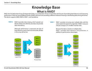 Section 5 - Knowledge Base



                                                   Knowledge Base
                                                             What is RAID?
RAID, short for Redundant Array of Independent Disks, is a combination of two or more disks with the aim of providing fault tolerance and improving
performance. There are several different levels of RAID, with each one providing a different method of sharing or distributing data among the drives.
The device supports JBOD, RAID 0, RAID 1, and Standalone.


       RAID 0     RAID 0 provides data striping, which spreads out                RAID 1    RAID 1 provides mirroring over multiple disks, with the
                  blocks of data over all drives, but does not provide                      same read/write speed of a single disk. A RAID 1 array can
                  data redundancy.                                                          only be as large as it’s smallest member disk.

                  Although performance is improved, the lack of                             Because the data is stored on multiple disks,
                  fault tolerance means that if one drive fails, all data                   RAID 1 provides fault tolerance and protection, in
                  in the array will be lost.                                                addition to performance advantages.




D-Link ShareCenter DNS-320 User Manual                                                                                                             98
 