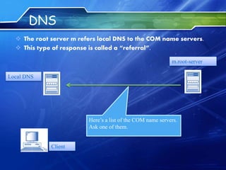 DNS
 The root server m refers local DNS to the COM name servers.
 This type of response is called a “referral”.
Client
Local DNS
m.root-server
Here’s a list of the COM name servers.
Ask one of them.
 
