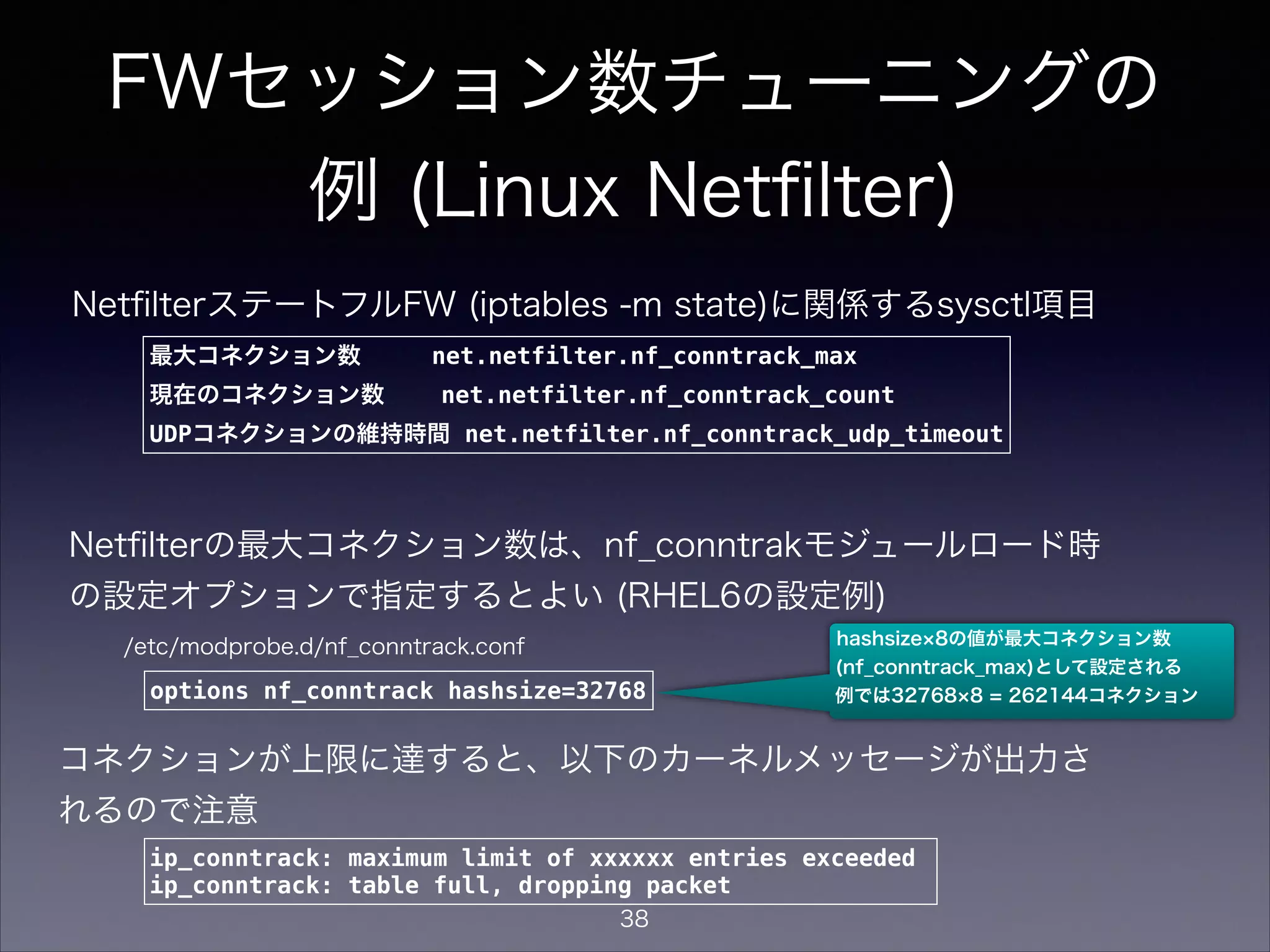 FWセッション数チューニングの
例 (Linux Netﬁlter)
最大コネクション数 net.netfilter.nf_conntrack_max
現在のコネクション数 net.netfilter.nf_conntrack_count
UDPコネクションの維持時間 net.netfilter.nf_conntrack_udp_timeout
NetﬁlterステートフルFW (iptables -m state)に関係するsysctl項目
コネクションが上限に達すると、以下のカーネルメッセージが出力さ
れるので注意
ip_conntrack: maximum limit of xxxxxx entries exceeded
ip_conntrack: table full, dropping packet
Netﬁlterの最大コネクション数は、nf_conntrakモジュールロード時
の設定オプションで指定するとよい (RHEL6の設定例)
options nf_conntrack hashsize=32768
/etc/modprobe.d/nf_conntrack.conf hashsize 8の値が最大コネクション数
(nf_conntrack_max)として設定される
例では32768 8 = 262144コネクション
38
 