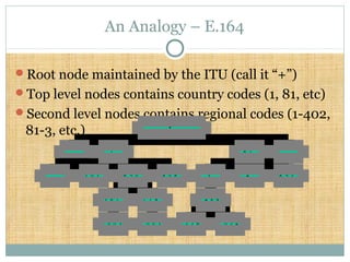 An Analogy – E.164
Root node maintained by the ITU (call it “+”)
Top level nodes contains country codes (1, 81, etc)
Second level nodes contains regional codes (1-402,
81-3, etc.)
. . .
. . . 2 0 2
6 0 0 3
3 8 1
6 0 0 3
7 7 9
6 5 0 8 0 8
1
5 2 2 6 2 0 2 4
3 4 8 9
3 4 8 5 2
8 1 . . .
" + "
 