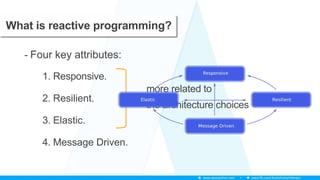 What is reactive programming?
- Four key attributes:
1. Responsive.
2. Resilient.
3. Elastic.
4. Message Driven.
more related to
the architecture choices
 