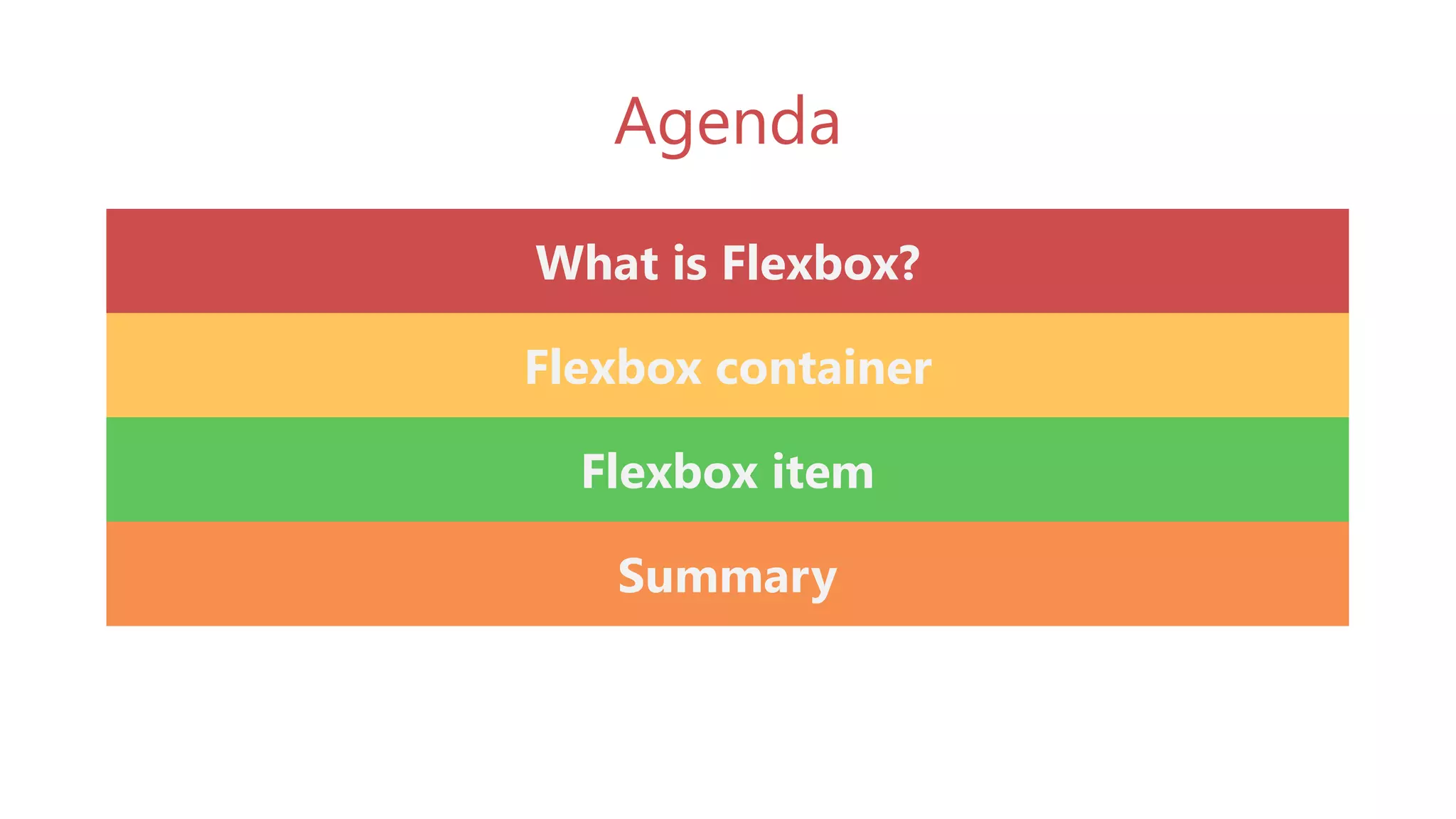 Agenda
What is Flexbox?
Flexbox container
Flexbox item
Summary
 