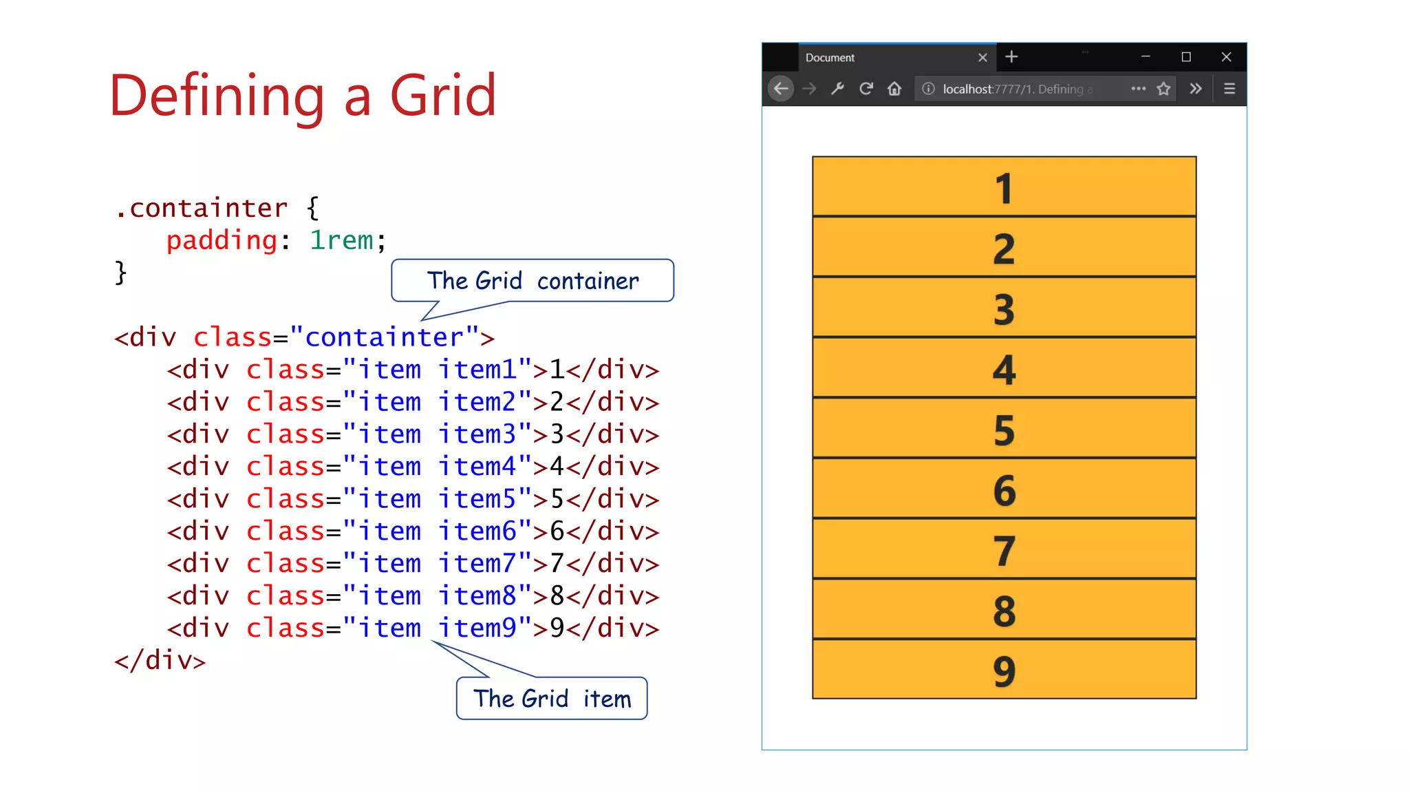 .containter {
padding: 1rem;
}
<div class="containter">
<div class="item item1">1</div>
<div class="item item2">2</div>
<div class="item item3">3</div>
<div class="item item4">4</div>
<div class="item item5">5</div>
<div class="item item6">6</div>
<div class="item item7">7</div>
<div class="item item8">8</div>
<div class="item item9">9</div>
</div>
Defining a Grid
wwww
The Grid container
The Grid item
 