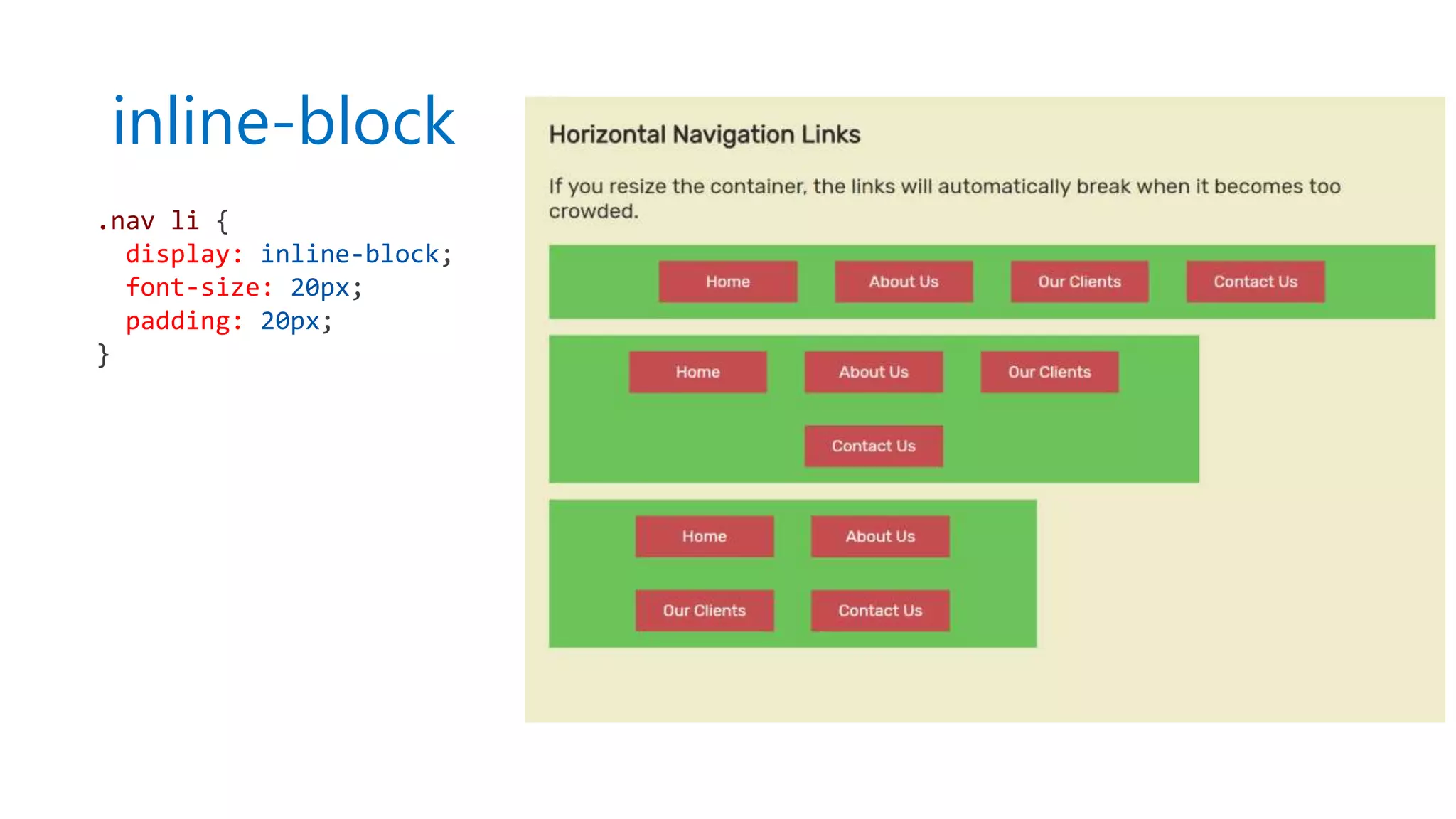 inline-block
.nav li {
display: inline-block;
font-size: 20px;
padding: 20px;
}
 