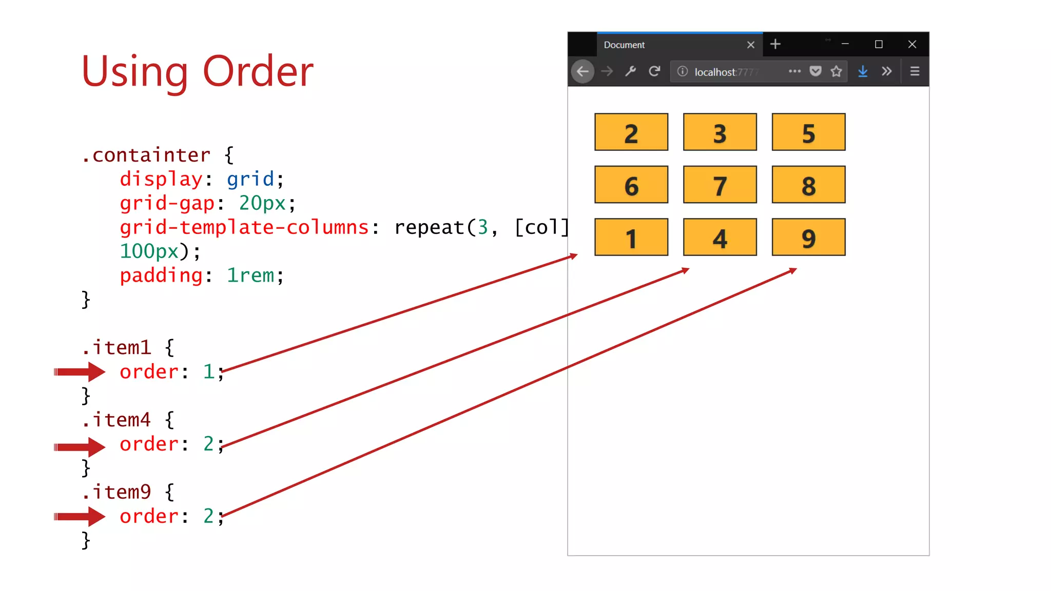 .containter {
display: grid;
grid-gap: 20px;
grid-template-columns: repeat(3, [col]
100px);
padding: 1rem;
}
.item1 {
order: 1;
}
.item4 {
order: 2;
}
.item9 {
order: 2;
}
wwww
Using Order
 