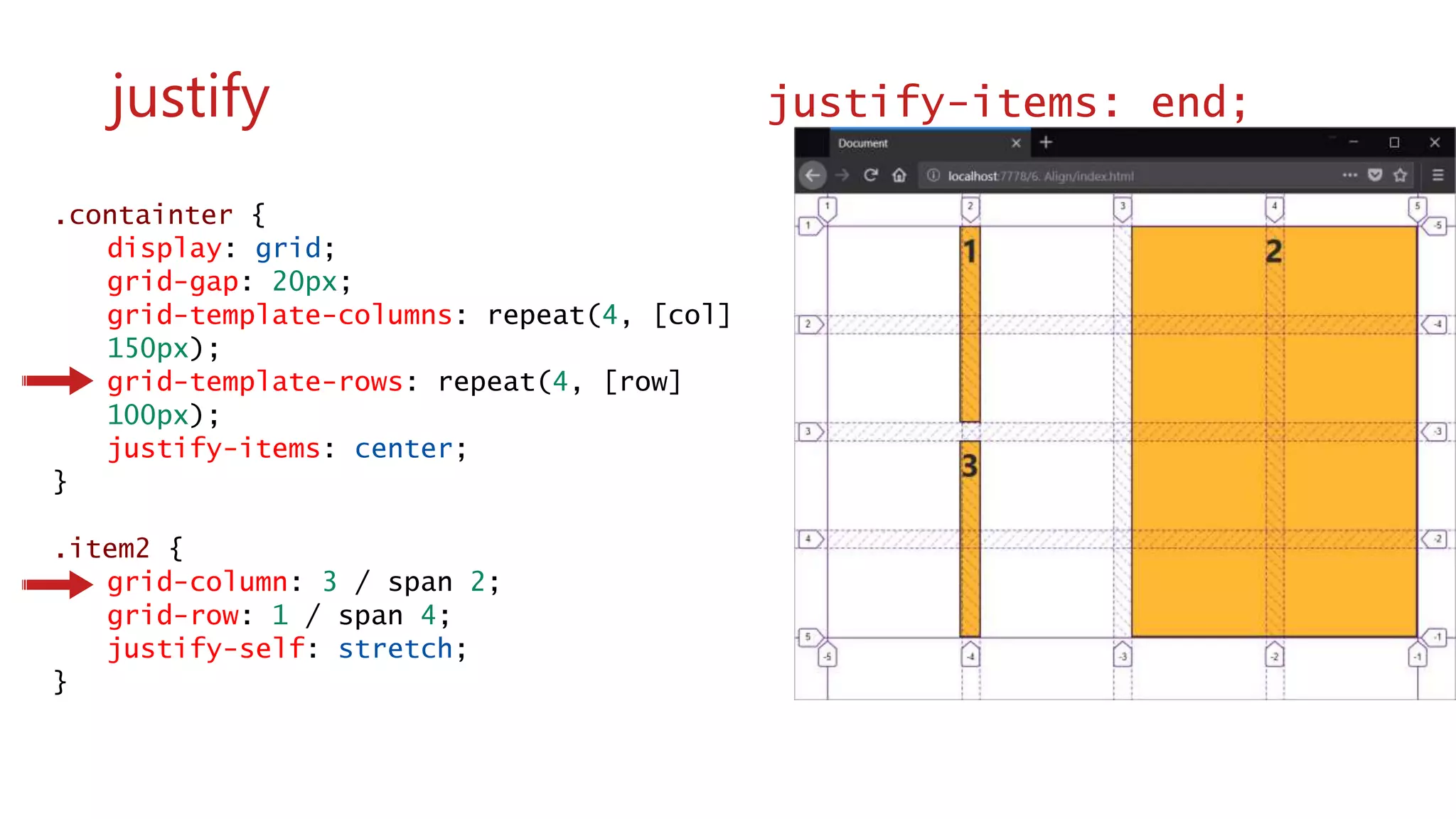 .containter {
display: grid;
grid-gap: 20px;
grid-template-columns: repeat(4, [col]
150px);
grid-template-rows: repeat(4, [row]
100px);
justify-items: center;
}
.item2 {
grid-column: 3 / span 2;
grid-row: 1 / span 4;
justify-self: stretch;
}
wwww
justify justify-items: end;
 
