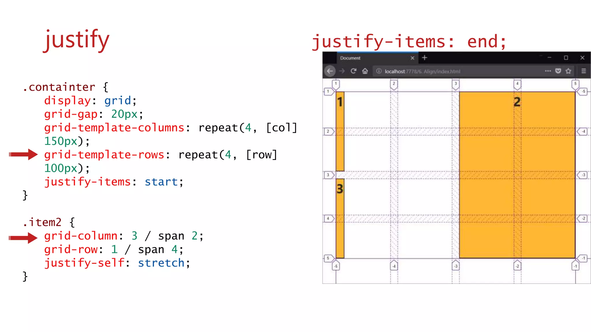 .containter {
display: grid;
grid-gap: 20px;
grid-template-columns: repeat(4, [col]
150px);
grid-template-rows: repeat(4, [row]
100px);
justify-items: start;
}
.item2 {
grid-column: 3 / span 2;
grid-row: 1 / span 4;
justify-self: stretch;
}
wwww
justify justify-items: end;
 
