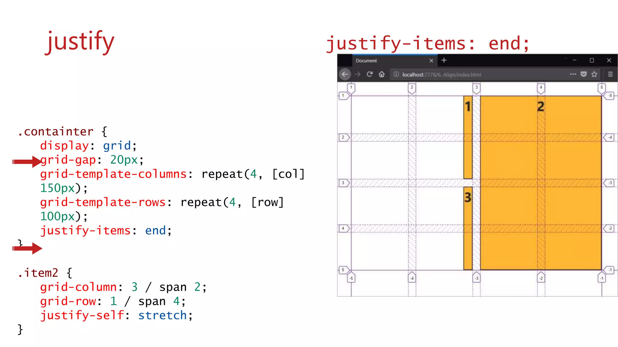 .containter {
display: grid;
grid-gap: 20px;
grid-template-columns: repeat(4, [col]
150px);
grid-template-rows: repeat(4, [row]
100px);
justify-items: end;
}
.item2 {
grid-column: 3 / span 2;
grid-row: 1 / span 4;
justify-self: stretch;
}
wwww
justify justify-items: end;
 