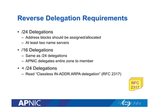Reverse Delegation Requirements
•  /24 Delegations
–  Address blocks should be assigned/allocated
–  At least two name servers

•  /16 Delegations
–  Same as /24 delegations
–  APNIC delegates entire zone to member

•  < /24 Delegations
–  Read “Classless IN-ADDR.ARPA delegation” (RFC 2317)
RFC
2317

 