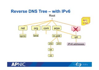 Reverse DNS Tree – with IPv6
Root

.

net

org

apnic

com

iana

RFC
3152

arpa
in-addr
202
64
22

203

✕
int

ip6
IPv6 addresses

 