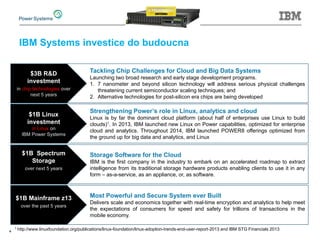 IBM Systems investice do budoucna
4
Strengthening Power’s role in Linux, analytics and cloud
Linux is by far the dominant cloud platform (about half of enterprises use Linux to build
clouds)1. In 2013, IBM launched new Linux on Power capabilities, optimized for enterprise
cloud and analytics. Throughout 2014, IBM launched POWER8 offerings optimized from
the ground up for big data and analytics, and Linux
$1B Linux
investment
in Linux on
IBM Power Systems
Tackling Chip Challenges for Cloud and Big Data Systems
Launching two broad research and early stage development programs.
1. 7 nanometer and beyond silicon technology will address serious physical challenges
threatening current semiconductor scaling techniques; and
2. Alternative technologies for post-silicon era chips are being developed
$3B R&D
investment
in chip technologies over
next 5 years
Storage Software for the Cloud
IBM is the first company in the industry to embark on an accelerated roadmap to extract
intelligence from its traditional storage hardware products enabling clients to use it in any
form – as-a-service, as an appliance, or, as software.
$1B Spectrum
Storage
over next 5 years
Most Powerful and Secure System ever Built
Delivers scale and economics together with real-time encryption and analytics to help meet
the expectations of consumers for speed and safety for trillions of transactions in the
mobile economy.
$1B Mainframe z13
over the past 5 years
1 http://www.linuxfoundation.org/publications/linux-foundation/linux-adoption-trends-end-user-report-2013 and IBM STG Financials 2013
 