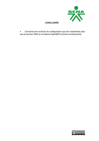 CONCLUSIÓN



    Conocimos los archivos de configuración que son importantes para
que el servidor DNS en el sistema OpenBSD funcione correctamente.
 