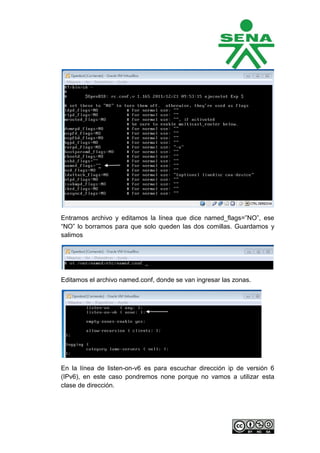 Entramos archivo y editamos la línea que dice named_flags=”NO”, ese
“NO” lo borramos para que solo queden las dos comillas. Guardamos y
salimos




Editamos el archivo named.conf, donde se van ingresar las zonas.




En la línea de listen-on-v6 es para escuchar dirección ip de versión 6
(IPv6), en este caso pondremos none porque no vamos a utilizar esta
clase de dirección.
 
