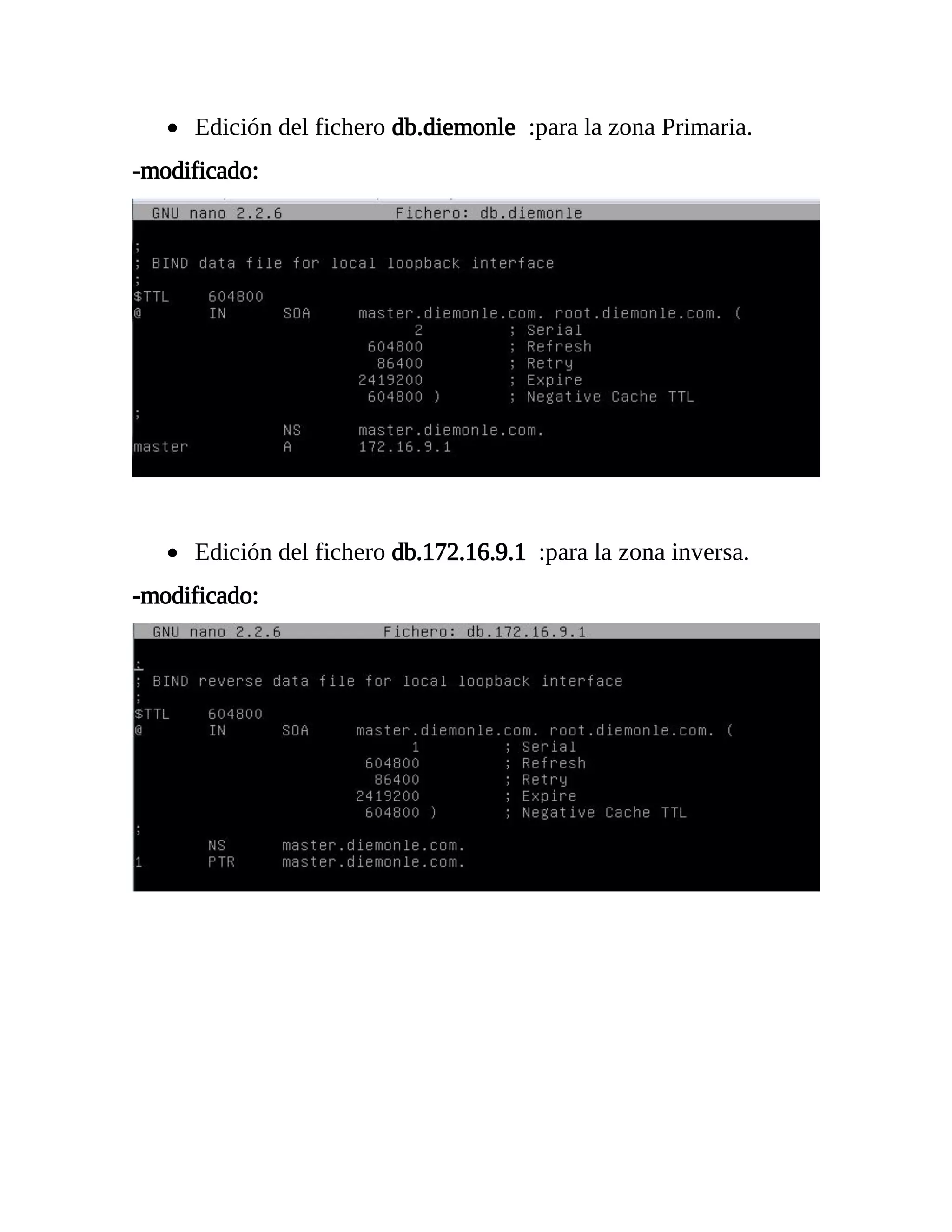  Edición del fichero db.diemonle :para la zona Primaria.
-modificado:
 Edición del fichero db.172.16.9.1 :para la zona inversa.
-modificado:
 