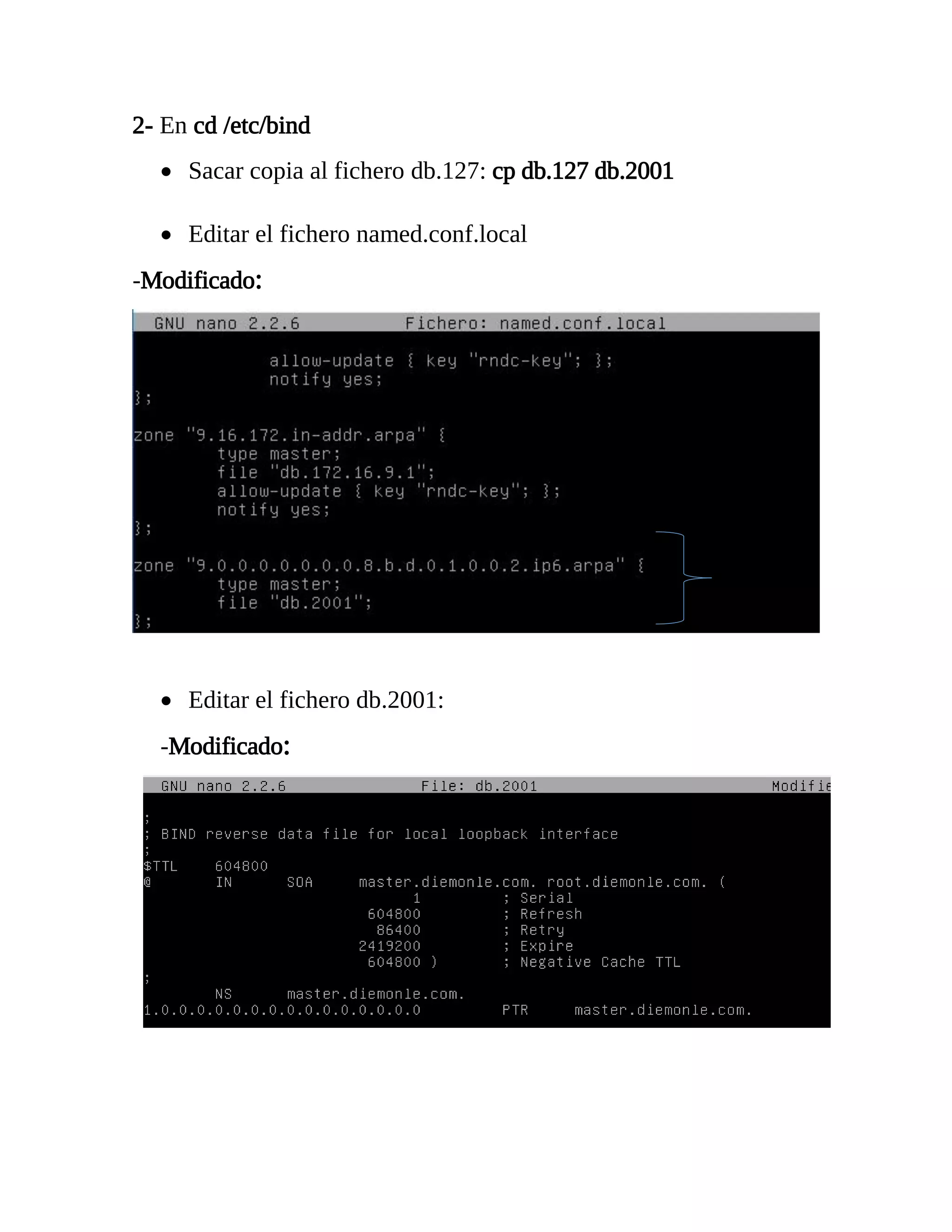 2- En cd /etc/bind
 Sacar copia al fichero db.127: cp db.127 db.2001
 Editar el fichero named.conf.local
-Modificado:
 Editar el fichero db.2001:
-Modificado:
 
