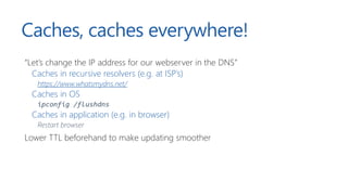 Caches, caches everywhere!
“Let’s change the IP address for our webserver in the DNS”
Caches in recursive resolvers (e.g. at ISP’s)
https://www.whatsmydns.net/
Caches in OS
ipconfig /flushdns
Caches in application (e.g. in browser)
Restart browser
Lower TTL beforehand to make updating smoother
 