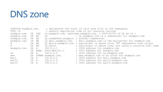 DNS zone
$ORIGIN example.com. ; designates the start of this zone file in the namespace
$TTL 1h ; default expiration time of all resource records
example.com. IN SOA ns.example.com. username.example.com. ( 2007120710 1d 2h 4w 1h )
example.com. IN NS ns ; ns.example.com is a nameserver for example.com
example.com. IN NS ns.somewhere.example. ; another nameserver
example.com. IN MX 10 mail.example.com. ; mail.example.com is the mailserver for example.com
@ IN MX 20 mail2.example.com. ; equivalent to above line, "@" represents zone origin
@ IN MX 50 mail3 ; equivalent to above line, but using a relative host name
example.com. IN A 192.0.2.1 ; IPv4 address for example.com
IN AAAA 2001:db8:10::1 ; IPv6 address for example.com
ns IN A 192.0.2.2 ; IPv4 address for ns.example.com
www IN CNAME example.com. ; www.example.com is an alias for example.com
mail IN A 192.0.2.3 ; IPv4 address for mail.example.com
mail2 IN A 192.0.2.4 ; IPv4 address for mail2.example.com
mail3 IN A 192.0.2.5 ; IPv4 address for mail3.example.com
 
