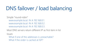 DNS failover / load balancing
Intelligent DNS server
e.g. Azure Traffic Manager / Amazon Route 53
Scenarios
Round-robin
Fa...