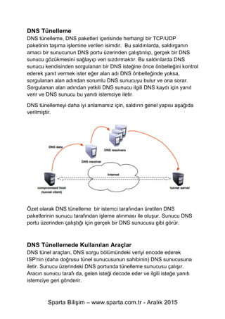 Sparta Bilişim – www.sparta.com.tr - Aralık 2015
DNS Tünelleme
DNS tünelleme, DNS paketleri içerisinde herhangi bir TCP/UDP
paketinin taşıma işlemine verilen isimdir. Bu saldırılarda, saldırganın
amacı bir sunucunun DNS portu üzerinden çalıştırılıp, gerçek bir DNS
sunucu gözükmesini sağlayıp veri sızdırmaktır. Bu saldırılarda DNS
sunucu kendisinden sorgulanan bir DNS isteğine önce önbelleğini kontrol
ederek yanıt vermek ister eğer alan adı DNS önbelleğinde yoksa,
sorgulanan alan adından sorumlu DNS sunucuyu bulur ve ona sorar.
Sorgulanan alan adından yetkili DNS sunucu ilgili DNS kaydı için yanıt
verir ve DNS sunucu bu yanıtı istemciye iletir.
DNS tünellemeyi daha iyi anlamamız için, saldırın genel yapısı aşağıda
verilmiştir.
Özet olarak DNS tünelleme bir istemci tarafından üretilen DNS
paketlerinin sunucu tarafından işleme alınması ile oluşur. Sunucu DNS
portu üzerinden çalıştığı için gerçek bir DNS sunucusu gibi görür.
DNS Tünellemede Kullanılan Araçlar
DNS tünel araçları, DNS sorgu bölümündeki veriyi encode ederek
ISP'nin (daha doğrusu tünel sunucusunun sahibinin) DNS sunucusuna
iletir. Sunucu üzerindeki DNS portunda tünelleme sunucusu çalışır.
Aracın sunucu tarafı da, gelen isteği decode eder ve ilgili isteğe yanıtı
istemciye geri gönderir.
 