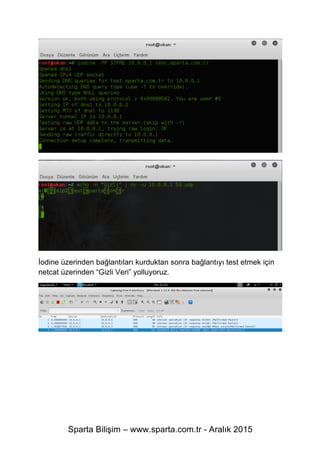 Sparta Bilişim – www.sparta.com.tr - Aralık 2015
İodine üzerinden bağlantıları kurduktan sonra bağlantıyı test etmek için
netcat üzerinden “Gizli Veri” yolluyoruz.
 
