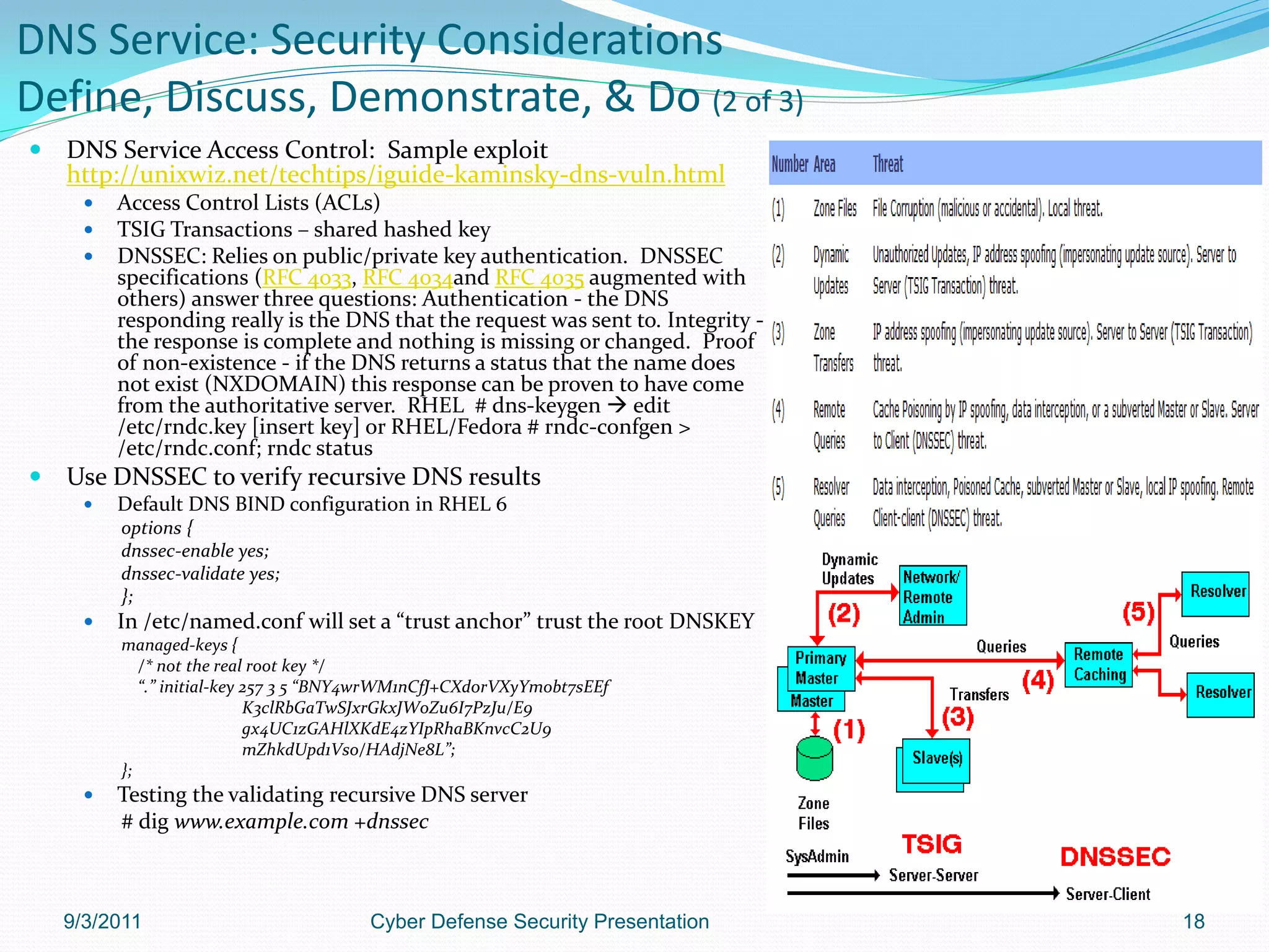 DNS Service: Security Considerations
Define, Discuss, Demonstrate, & Do (2 of 3)
   DNS Service Access Control: Sample exploit
    http://unixwiz.net/techtips/iguide-kaminsky-dns-vuln.html
         Access Control Lists (ACLs)
         TSIG Transactions – shared hashed key
         DNSSEC: Relies on public/private key authentication. DNSSEC
          specifications (RFC 4033, RFC 4034and RFC 4035 augmented with
          others) answer three questions: Authentication - the DNS
          responding really is the DNS that the request was sent to. Integrity -
          the response is complete and nothing is missing or changed. Proof
          of non-existence - if the DNS returns a status that the name does
          not exist (NXDOMAIN) this response can be proven to have come
          from the authoritative server. RHEL # dns-keygen  edit
          /etc/rndc.key [insert key] or RHEL/Fedora # rndc-confgen >
          /etc/rndc.conf; rndc status
   Use DNSSEC to verify recursive DNS results
         Default DNS BIND configuration in RHEL 6
          options {
          dnssec-enable yes;
          dnssec-validate yes;
          };
         In /etc/named.conf will set a “trust anchor” trust the root DNSKEY
          managed-keys {
             /* not the real root key */
             “.” initial-key 257 3 5 “BNY4wrWM1nCfJ+CXd0rVXyYmobt7sEEf
                             K3clRbGaTwSJxrGkxJWoZu6I7PzJu/E9
                             gx4UC1zGAHlXKdE4zYIpRhaBKnvcC2U9
                             mZhkdUpd1Vso/HAdjNe8L”;
          };
         Testing the validating recursive DNS server
          # dig www.example.com +dnssec



    9/3/2011                            Cyber Defense Security Presentation        18
 
