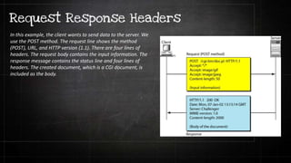 In this example, the client wants to send data to the server. We
use the POST method. The request line shows the method
(POST), URL, and HTTP version (1.1). There are four lines of
headers. The request body contains the input information. The
response message contains the status line and four lines of
headers. The created document, which is a CGI document, is
included as the body.
 