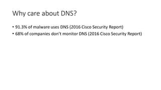 Why care about DNS?
• 91.3% of malware uses DNS (2016 Cisco Security Report)
• 68% of companies don’t monitor DNS (2016 Cisco Security Report)
 