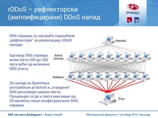 Математички факултет / октобар 2015. БеоградDNS систем и безбедност / Жарко Кецић
rDDoS – рефлекторски
(амплифицирани) DDoS напад
DNS сервери су најчешће коришћени
„рефлектори“ за реализацију rDDoS
напада.
Одговор DNS сервера
може бити 200 до 300
пута већи од величине
DNS упита.
За напад на Spamhaus
употребљен је botnet и „отворени“
DNS ресолвери широм света.
Процењује се да у свету има више од
20 милиона лоше конфигурисаних DNS
сервера.
 