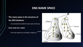 DNS NAME SPACE
• The name space is the structure of
the DNS database
• An inverted tree with the root node at the top
• Each node has a label
• The root node has a null label, written as “ ”
 