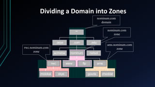 Dividing a Domain into Zones
nominum.com
domain
nominum.com
zone
ams.nominum.com
zone
rwc.nominum.com
zone
.arpa
acmebw
molokai skye
rwc www ftp
gouda cheddar
ams
nominum netsol
.com .edu
""
 