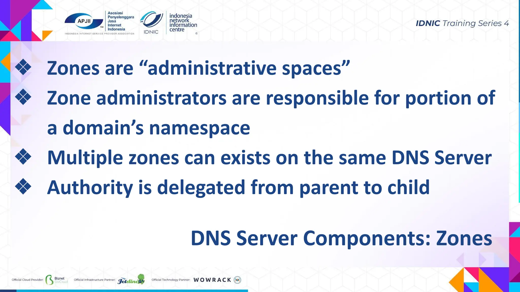 DNS Server Components: Zones
❖ Zones are “administrative spaces”
❖ Zone administrators are responsible for portion of
a domain’s namespace
❖ Multiple zones can exists on the same DNS Server
❖ Authority is delegated from parent to child
 