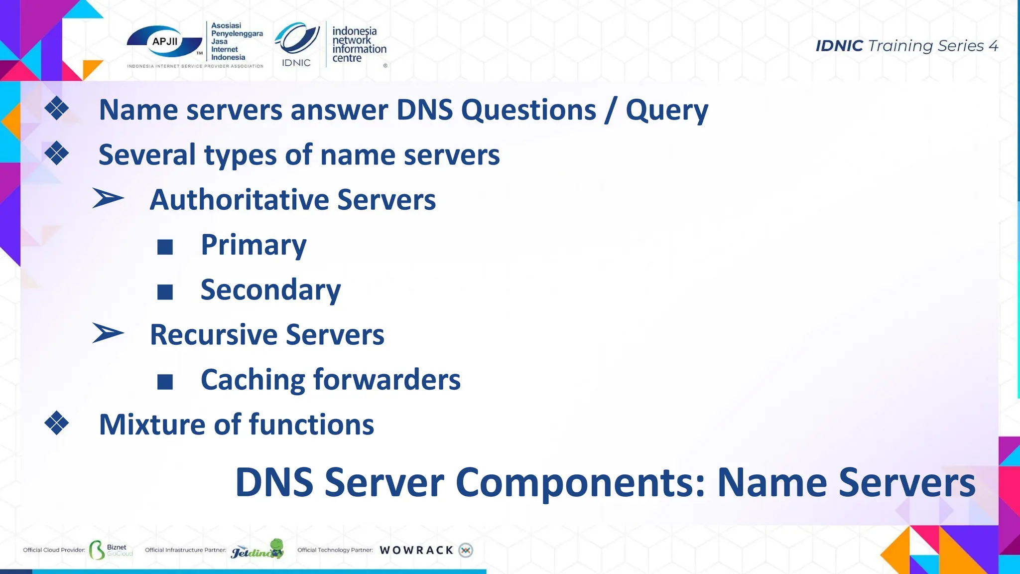 DNS Server Components: Name Servers
❖ Name servers answer DNS Questions / Query
❖ Several types of name servers
➢ Authoritative Servers
■ Primary
■ Secondary
➢ Recursive Servers
■ Caching forwarders
❖ Mixture of functions
 
