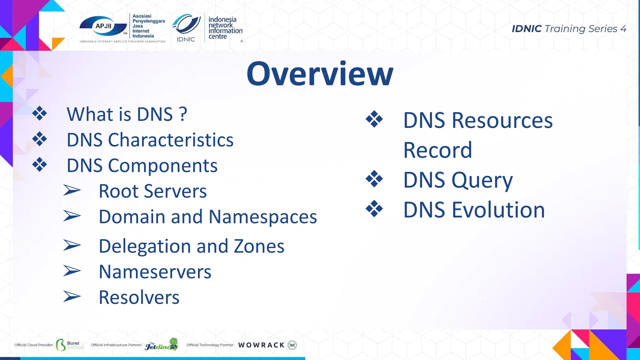 ❖ What is DNS ?
❖ DNS Characteristics
❖ DNS Components
➢ Root Servers
➢ Domain and Namespaces
➢ Delegation and Zones
➢ Nameservers
➢ Resolvers
Overview
❖ DNS Resources
Record
❖ DNS Query
❖ DNS Evolution
 