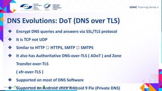 DNS Evolutions: DoT (DNS over TLS)
❖ Encrypt DNS queries and answers via SSL/TLS protocol
❖ It is TCP not UDP
❖ Similar to HTTP ⮕ HTTPS, SMTP ⮕ SMTPS
❖ It also has Authoritative DNS-over-TLS ( ADoT ) and Zone
Transfer-over-TLS
( xfr-over-TLS )
❖ Supported on most of DNS Software
❖ Supported on Android since Android 9 Pie (Private DNS)
 