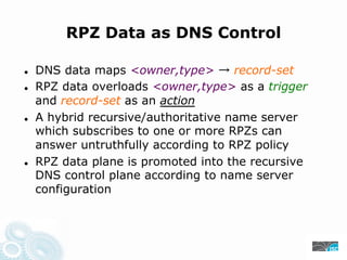 RPZ Data as DNS Control
DNS data maps <owner,type> record-set
RPZ data overloads <owner,type> as a trigger
and record-set as an action
A hybrid recursive/authoritative name server
which subscribes to one or more RPZs can
answer untruthfully according to RPZ policy
RPZ data plane is promoted into the recursive
DNS control plane according to name server
configuration