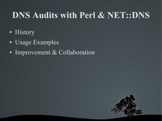 DNS Audits with Perl & NET::DNS ,[object Object],[object Object],[object Object]