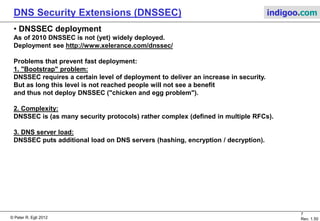 © Peter R. Egli 2015
7/10
Rev. 1.90
DNS Security Extensions (DNSSEC) indigoo.com
3. Security with DNSSEC
DNSSEC adds a digital signature to the answer records.
DNS server signing process: DNS resolver verification:
Answer
records
RRSIG
DNS answer
packet
Answer records
(A, AAAA, NS,
MX etc.)
RRSIG (Resource
Record Signature)
that verifies
the answer records
Answer
records
Hash
function
Hash
101011...
Encryption
function
RRSIG
Signature
110010...
Signer's
private key
Additional
info (expiry date
etc.)
Answer
records
RRSIG
Decryption
function
Signer's
public key
Hash
101011...
Hash
function
Hash
101011...
?
=
 