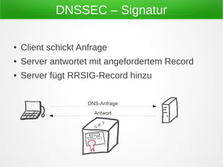 DNSSEC – Signatur
● Client schickt Anfrage
● Server antwortet mit angefordertem Record
● Server fügt RRSIG-Record hinzu
DN...