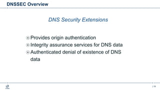 | 19
DNSSEC Overview
DNS Security Extensions
Provides origin authentication
Integrity assurance services for DNS data
Authenticated denial of existence of DNS
data
 