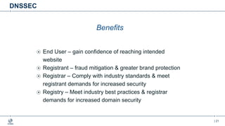 | 21
DNSSEC
Benefits
End User – gain confidence of reaching intended
website
Registrant – fraud mitigation & greater brand protection
Registrar – Comply with industry standards & meet
registrant demands for increased security
Registry – Meet industry best practices & registrar
demands for increased domain security
 
